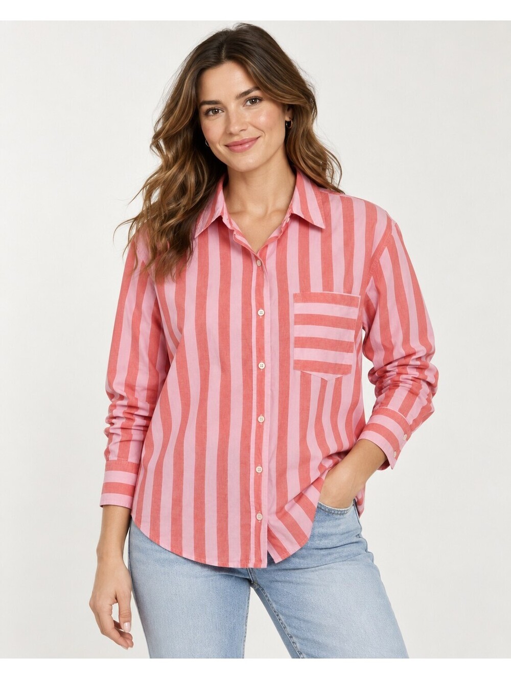 Sonoma Pink and Coral Striped Button-Up Shirt Large